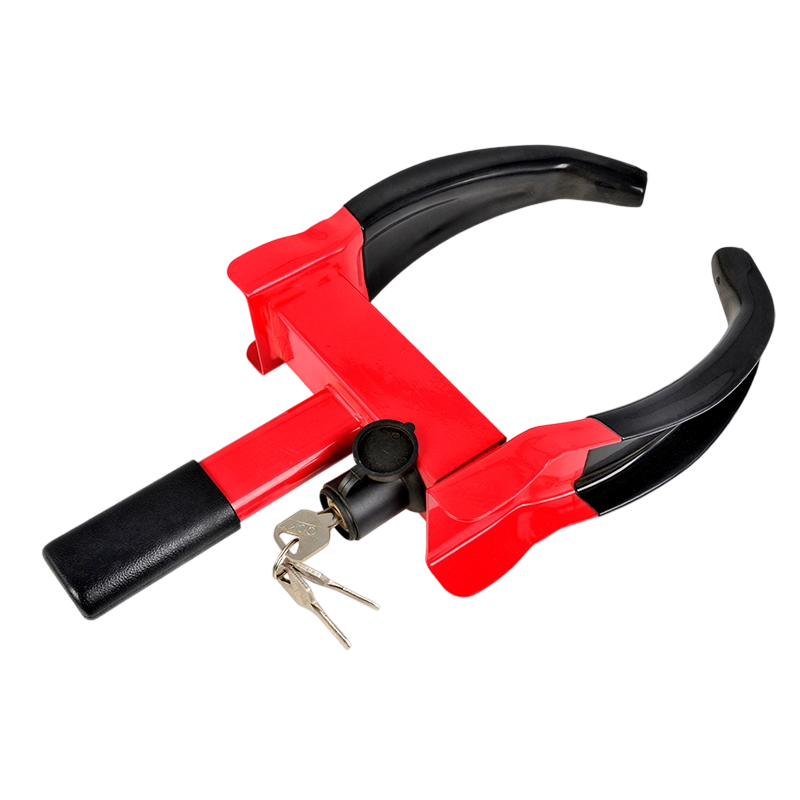 Cerradura de rueda con brazo recubierto de color rojo y negro y empuñadura acolchada